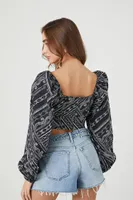 Women's Ornate Print Peasant-Sleeve Crop Top in Black/Ivory, XL