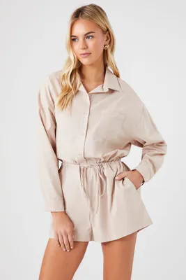 Women's Tie-Waist Shirt Romper in Natural, XL