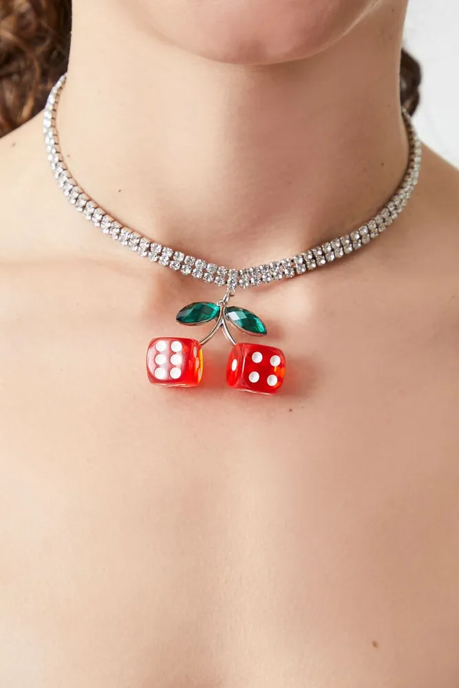 Women's Rhinestone Cherry Dice Choker Necklace in Red/Clear