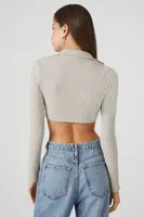 Women's Half-Zip Ribbed Crop Top in Silver Small