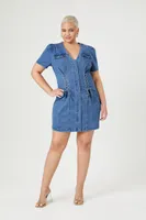 Women's Denim Lace-Up Mini Dress in Medium Denim, 2X