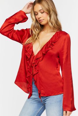 Women's Satin Ruffle-Trim Top in Ruby Small