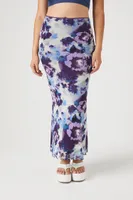 Women's Abstract Floral Print Mesh Maxi Skirt in Purple Small