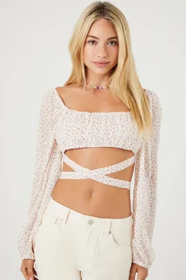 Women's Floral Wraparound Crop Top in White/Pink Large