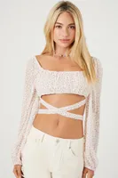 Women's Floral Wraparound Crop Top in White/Pink Large