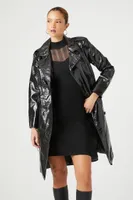 Women's Faux Patent Leather Trench Coat in Black Medium