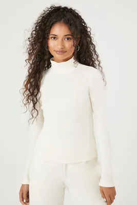 Women's Waffle Knit Turtleneck Top in White Medium
