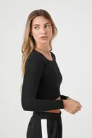 Women's Ribbed Curved-Hem Crop Top in Black Medium