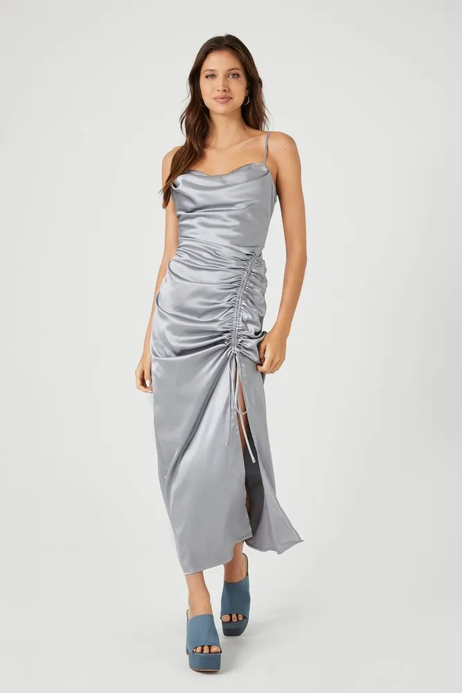 Women's Satin Ruched Midi Dress in Silver Large