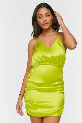 Women's Satin Ruched Halter Mini Dress in Acid Green Medium