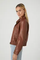 Women's Faux Leather Bomber Jacket in Dark Brown, XS