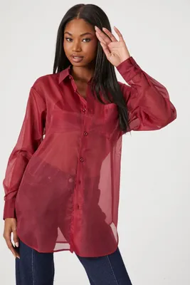 Women's Sheer Organza Shirt in Burgundy Small