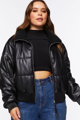 Women's Faux Leather Bomber Jacket in Black, 3X