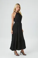 Women's Belted Halter Maxi Dress in Black Small