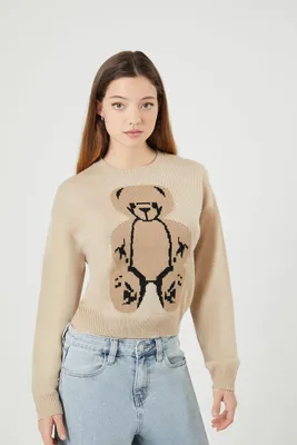 Women's Teddy Bear Graphic Sweater in Tan Medium