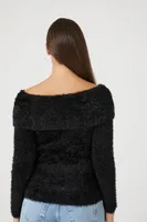 Women's Fuzzy Knit Off-the-Shoulder Sweater in Black Large