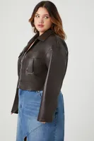 Women's Faux Leather Cropped Shacket in Brown, 3X