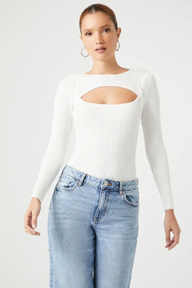 Women's Cutout Sweater-Knit Bodysuit in White Large