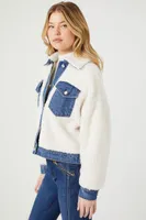 Women's Faux Shearling & Denim Trucker Jacket in White/Denim, XS