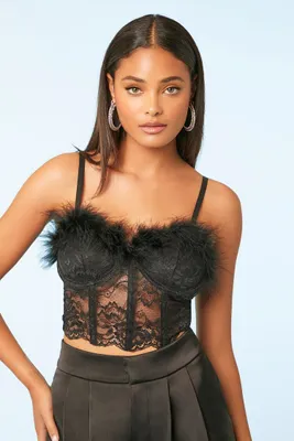 Women's Lace Feather-Trim Bustier Top in Black Medium