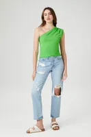 Women's Ruched One-Shoulder Top in Green Small