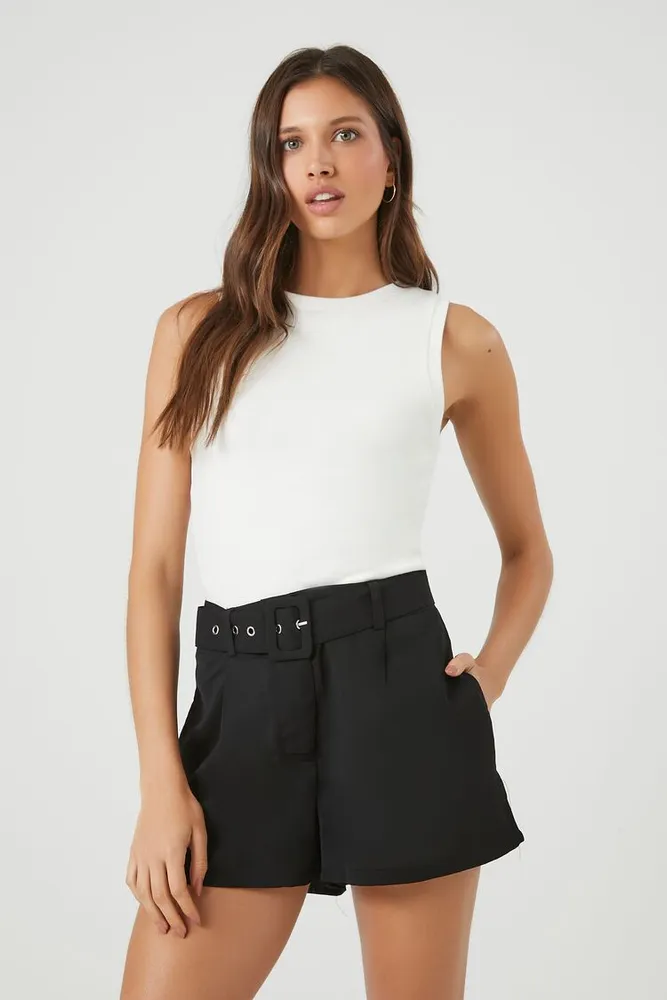 Women's High-Rise Belted Shorts in Black Medium