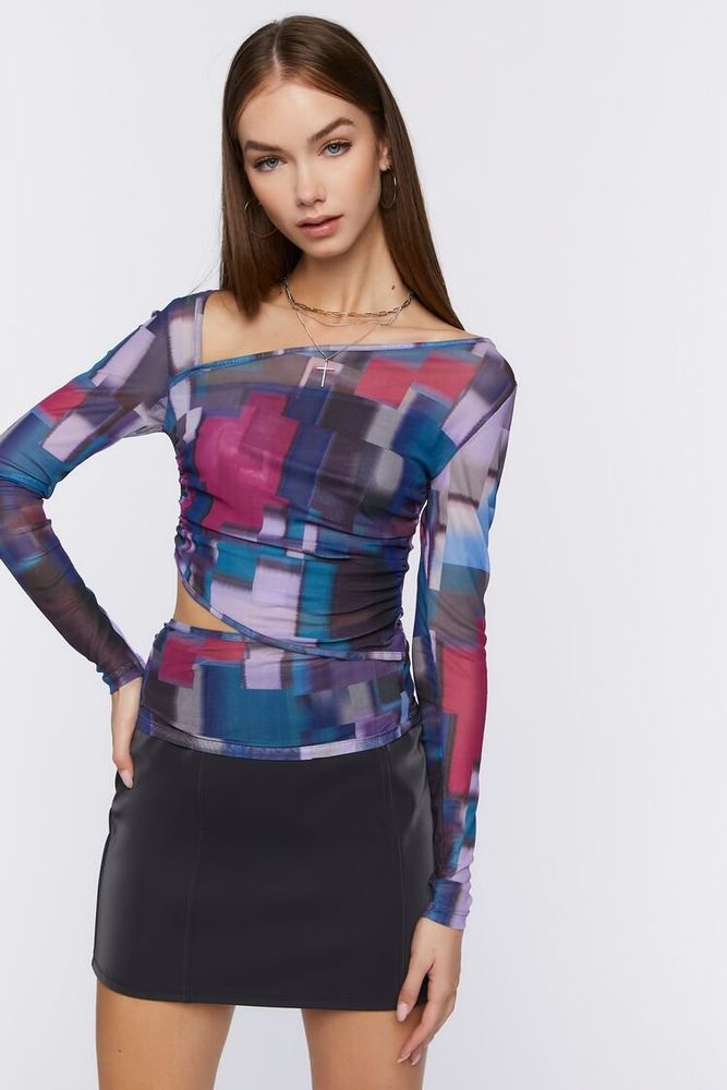 Women's Asymmetrical Abstract Print Top in Purple Small