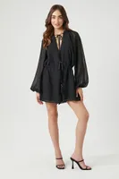 Women's Sheer Peasant-Sleeve Romper in Black Medium