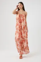 Women's Tropical Leaf Print Maxi Dress in Rust Small