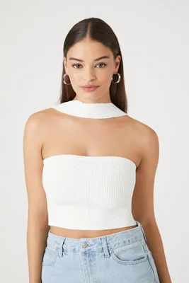 Women's Reverse Halter Sweater-Knit Crop Top in White Large