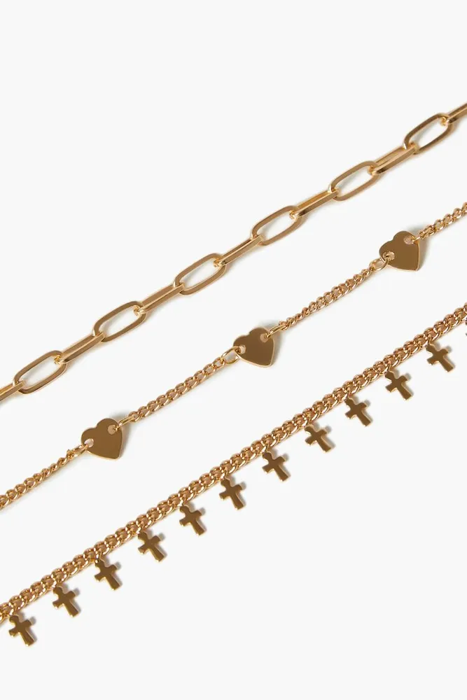 Women's Cross & Hear Charm Anklet Set in Gold