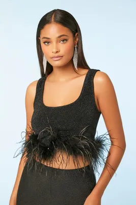 Women's Glitter Feather-Trim Crop Top in Black Large