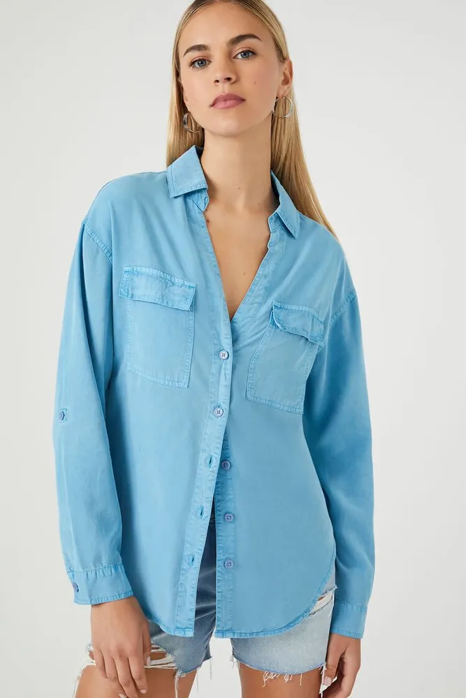 Women's Chambray Drop-Sleeve Shirt in Blue, XS