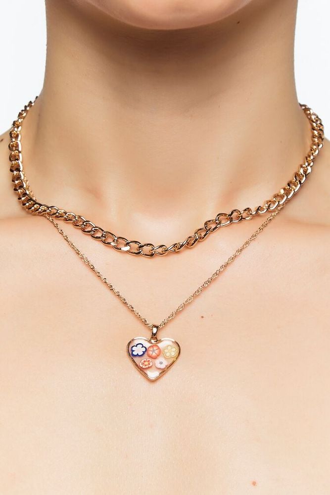 Women's Layered Floral Heart Pendant Necklace in Gold