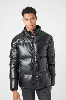 Men Zip-Up Puffer Jacket in Black, XL