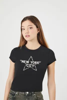 Women's New York City Rhinestone T-Shirt in Black Large