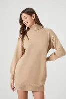 Women's Turtleneck Mini Sweater Dress in Oatmeal, XL