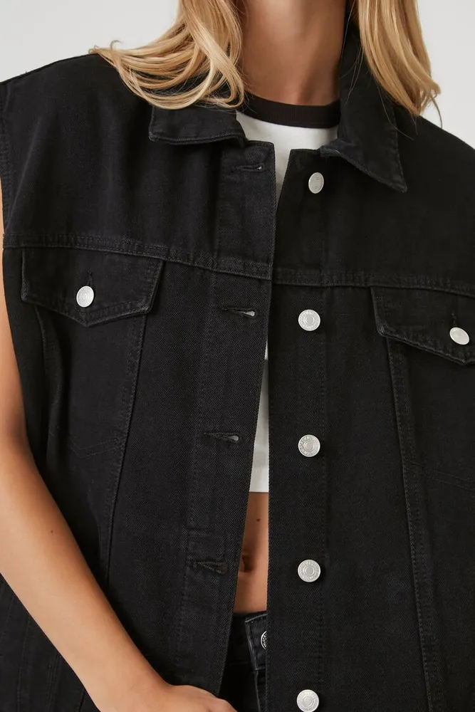 Women's Button-Up Denim Vest in Black Small