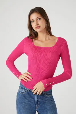 Women's Fitted Rib-Knit Sweater in Pink, XL