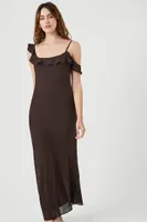 Women's Chiffon Ruffle-Trim Slip Maxi Dress in Brown Small