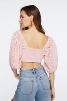 Women's Eyelet O-Ring Smocked Crop Top in Peony, XL