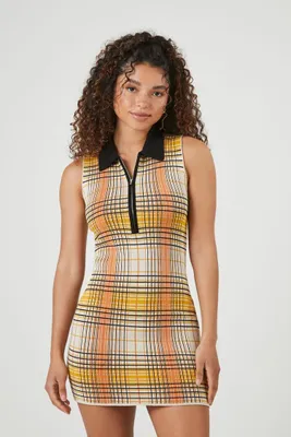 Women's Plaid Half-Zip Mini Dress in Yellow Small