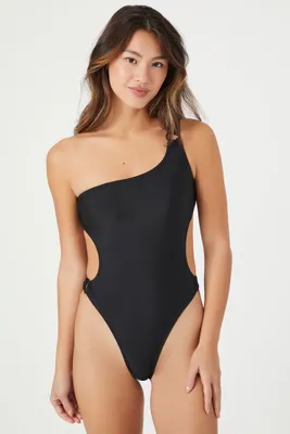 Women's Cutout One-Shoulder One-Piece Swimsuit in Black Small