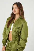 Women's Ruched Satin Cropped Bomber Jacket in Dark Olive Small