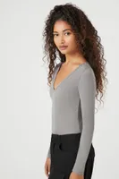 Women's Long-Sleeve V-Neck Bodysuit in Dark Grey, XL