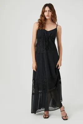 Women's Chiffon Lace-Trim Maxi Dress in Black/Black, XS