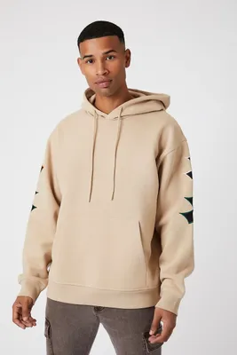 Men Unlucky Embroidered Patch Drawstring Hoodie in Taupe Large