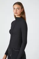 Women's Ribbed Mock Neck Long-Sleeve T-Shirt in Black, XS