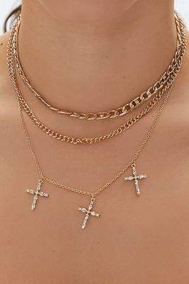 Women's Faux Gem Cross Chain Necklace Set in Gold