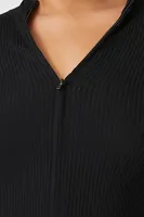 Women's Ribbed Zip-Up Sweater in Black, 0X